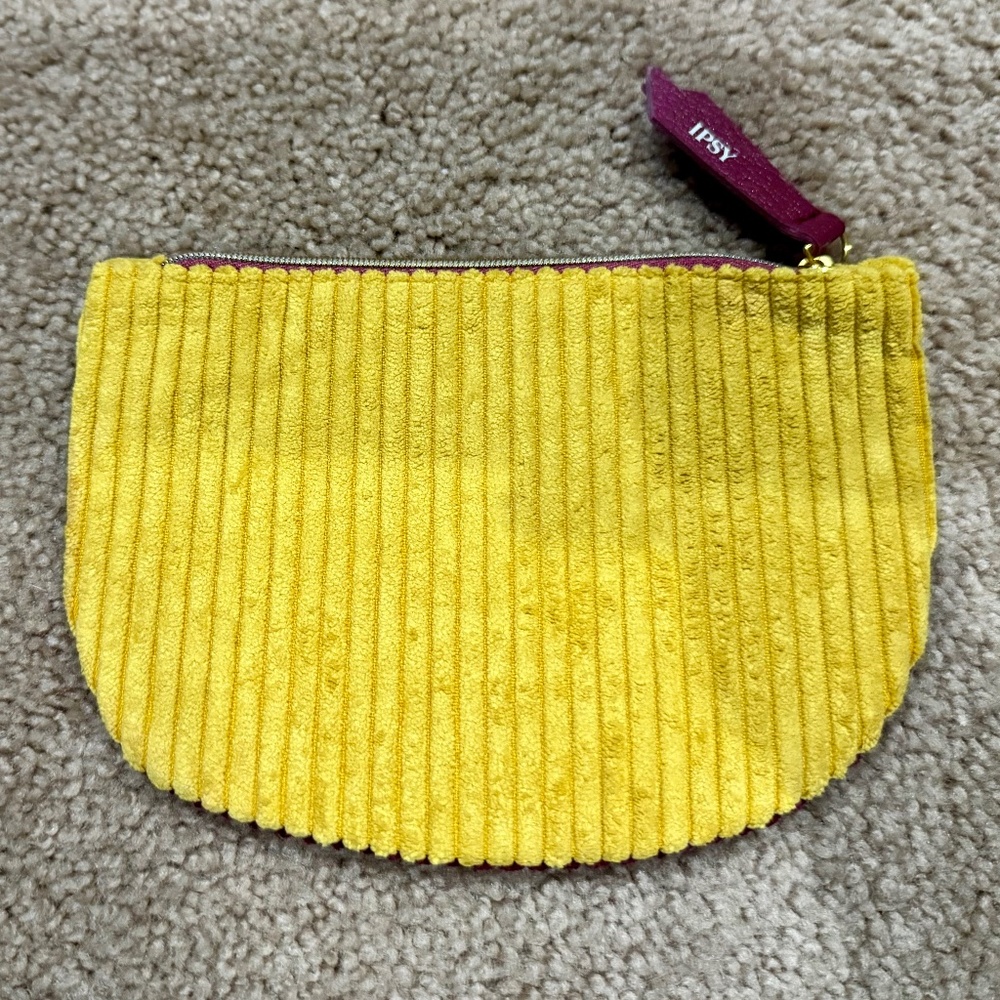 Ipsy Corduroy Yellow & Burgundy Makeup Bag Toiletry Bag Pencil Pouch Trap Sack